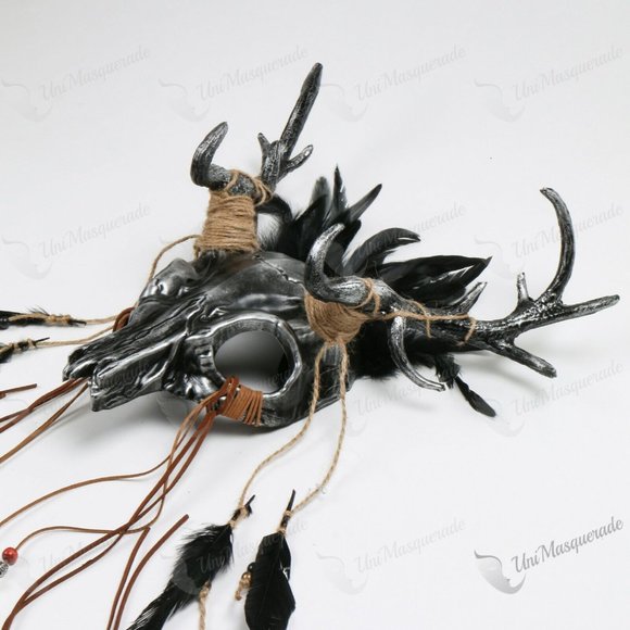 Black Silver Deer Horn Animal Skull Masquerade - Picture 2 of 6